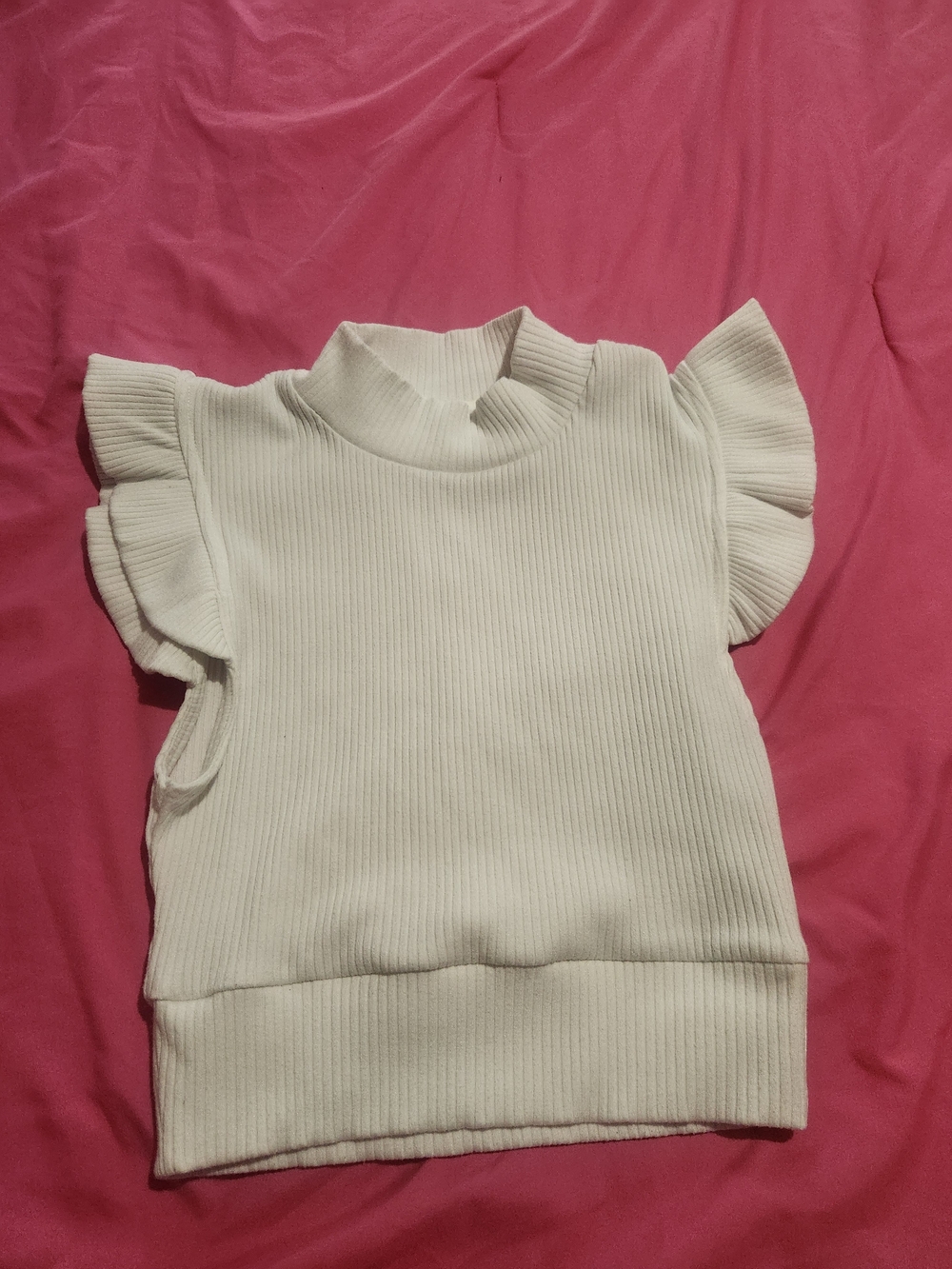 Storia Ribbed Flutter Sleeve Mock Neck Top - Cream